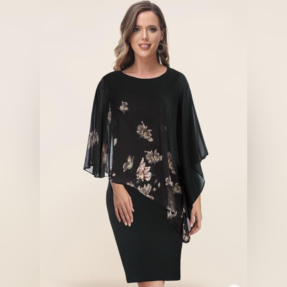 Hanna Nikole Chiffon Capelet Gray Flower Crew Neck Knee Length Pencil Dress 2XL